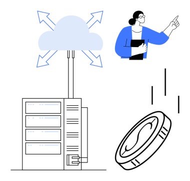 Cloud connected to server sending data, woman analyzing trends, falling coins. Ideal for technology, cloud computing, data analytics, business, finance server management digital economy. Simple