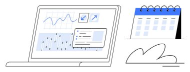 Laptop screen displays analytical charts, growth arrow, and data insights beside a planner calendar. Ideal for productivity, scheduling, analytics, planning, business growth, time management simple