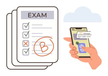 Exam sheet with marked answers and grade alongside a hand using a smartphone for online verification. Ideal for education, assessment, technology, online learning, security, achievement, simple flat