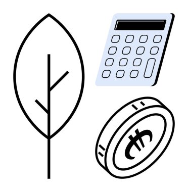 Leaf represents ecology, calculator symbolizes budgeting, and coin denotes currency. Ideal for sustainability, green energy, finance, business strategy, eco-friendly practices, renewable resources