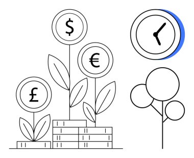 Plants sprouting currency signs next to coin stacks and a clock highlight economic growth, time management, savings, investment. Ideal for finance, sustainability, wealth, economy, planning simple