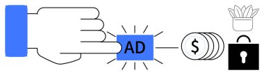 Hand pressing blue ad button, stacks of coins linked to dollar icon, secure padlock, and potted plant. Ideal for advertising, digital marketing, revenue, e-commerce, online security growth
