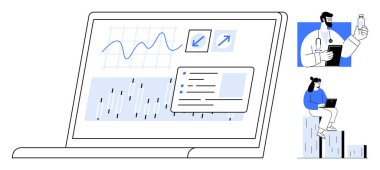 Laptop displaying charts, graphs, and analytical tools alongside medical professionals. Ideal for research, analytics, healthcare, technology, innovation collaboration and decision-making. Simple