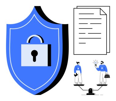 Shield with lock, legal document, and team balancing scales of innovation and regulation. Ideal for cybersecurity, data protection, legal compliance, business ethics, trust, innovation simple flat