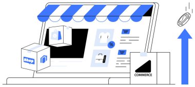 Online storefront on a laptop with product boxes, shopping cart icons, and rising coin symbolizing growth. Ideal for e-commerce, online shopping, revenue, business growth, startups, digital sales