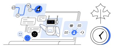 Chatbot interacting with users via a laptop, conveying emotions and actions. Ideal for technology, automation, customer service, productivity, communication, AI development and innovation. Simple