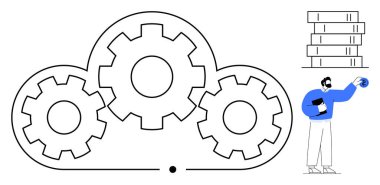 Interconnected gears inside a cloud shape, stack of books, and a person holding a globe. Ideal for teamwork, technology, innovation, data management, digital transformation, education cloud