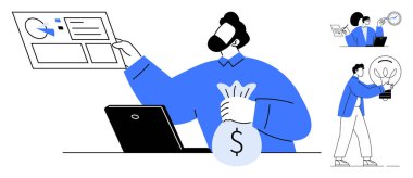 Man analyzing data charts, holding money bag, and colleagues brainstorming with a light bulb. Ideal for business strategy, innovation, teamwork, finance, growth entrepreneurship creativity. Simple