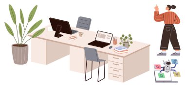 Contemporary workspace setup with laptops, desks, potted plant, office chairs, and books. A woman explains ideas on colorful document charts. Ideal for productivity, teamwork, design office culture