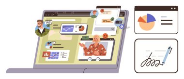 Laptop screen displaying virtual meetings, charts, messaging, e-signatures, and collaborative tools. Ideal for teamwork, remote work, education, technology productivity communication simple flat