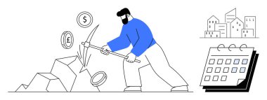 Man with pickaxe extracting coins from rocks, calendar and city buildings suggesting time, planning, and economy. Ideal for finance, investment, planning, economy, growth productivity simple flat