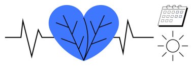 Blue heart with leaf veins bordered by heartbeat line, calendar for planning, and sun for positivity. Ideal for healthcare, wellness, sustainable living, fitness, cardiology, time management