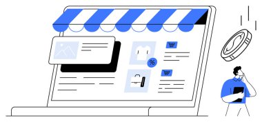 Laptop displaying an online store with product cards, discount icons, and shopping cart user holding tablet and exploring options. Ideal for e-commerce, shopping, retail, sales, technology, online