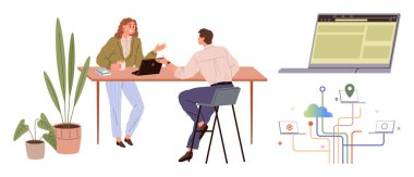 Two coworkers converse at a desk with a laptop and coffee. Beside them, a laptop screen connects to datacloud icons, symbolizing teamwork, digital networking, and idea-sharing. Ideal