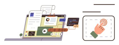 Laptop screen featuring text, images, video, audio, code snippets, and a hand gesture for user interaction. Ideal for content strategy, multimedia, web development creativity technology user