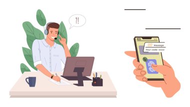 Customer service representative wearing headset at desk, phone in hand showing secure code and fingerprint scanner. Ideal for technology, security, customer support, verification, cyber safety