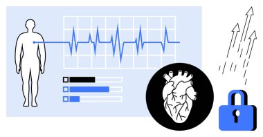 Human figure, ECG graph, anatomical heart, bar charts, padlock, and rising arrows. Ideal for health monitoring, medical technology, data security diagnostics healthcare innovation cardiology