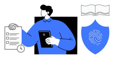 Male figure holds tablet and checklist with clock, shield displays fingerprint, and book symbolizes knowledge. Ideal for organization, security, technology, privacy, learning, management simple flat