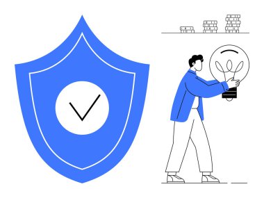 Large shield with check mark emphasizes security. Man holds light bulb symbolizing idea. Stacked coins highlight financial growth or stability. Ideal for innovation, business, security, finance