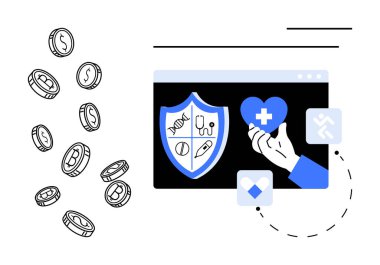 Shield with medical icons, heart in hand, coins, software windows. Ideal for healthcare, insurance, finance, protection online services medical care cost-saving. Simple flat metaphor