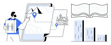 Man with backpack using tablet to plan travel route. Includes open book, bar graph, mountain, and landmark. Ideal for travel, education, navigation data tourism adventure exploration. Modern flat