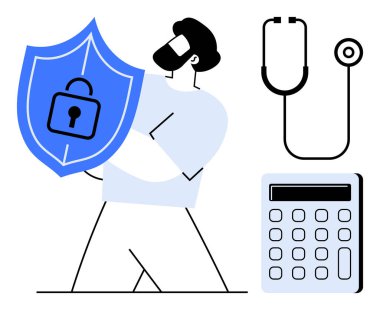 Person holding a shield with a lock symbol, stethoscope, and calculator symbolizing healthcare security, privacy, financial accountability, risk management, compliance, and protection. Ideal