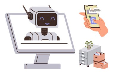Smiling AI robot on a computer screen, hand holding smartphone displaying a code, organized file cabinet. Ideal for AI, security, tech support, innovation, data productivity digital tools. Simple