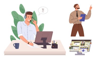 Man with headset works on support call, colleague gestures with clipboard, monitor shows digital workspace. Ideal for communication, teamwork, office life, collaboration, remote work, productivity