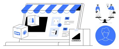 Shopping website under awning, product pages, delivery box, customer icon, and balancing scale Ideal for e-commerce, online shopping, marketing, digital business, consumer behavior innovation