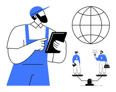 Worker holding tablet managing tasks, globe symbolizing globalization, scale balancing roles, small figures sharing ideas. Ideal for leadership, innovation, technology, teamwork, career