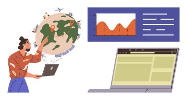 Woman using laptop, globe with data points, graphs, charts, airplanes. Ideal for analytics, remote work, globalization research tech travel online learning themes. Simple flat metaphor