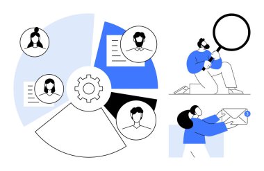 Gear and chart with user profiles, person examining data with magnifying glass, email delivery. Ideal for teamwork, productivity, human resources, hiring, communication, analytics organization