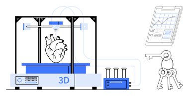 3D printer crafting anatomical heart. Clipboard with data chart, lab tools, and keys nearby. Ideal for technology, innovation, healthcare, medical research, education manufacturing and science
