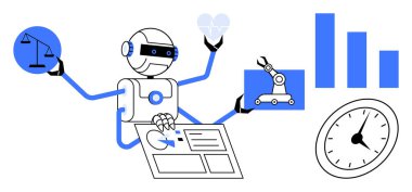 Robot performing multitasking activities, balancing justice, monitoring health, operating machinery, analyzing data. Ideal for AI, automation, health tech, efficiency productivity robotics