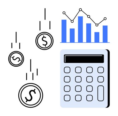 Falling coins beside a calculator and a bar graph with trend lines. Ideal for budgeting, finance, accounting, data analysis, investment, business growth, economic planning, simple flat metaphor