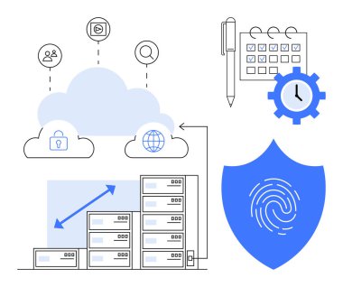 Cloud storage, data servers with growth chart, shield with fingerprint, workflow calendar, padlock, gear, user, email search icons. Ideal for data security cloud computing IT workflow
