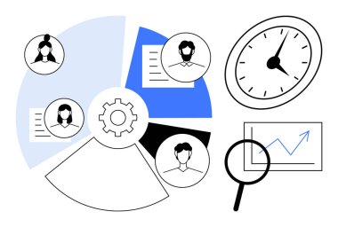 Gear symbol, team avatars, clock, magnifying glass over chart suggest efficiency, collaboration, task management. Ideal for teamwork, productivity, analytics deadlines workflow leadership time