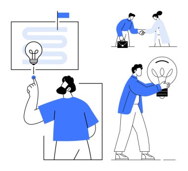 Professionals brainstorming, exchanging ideas, shaking hands, presenting a roadmap, and carrying a giant light bulb. Ideal for teamwork, collaboration, innovation, strategy creativity partnership