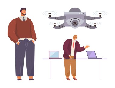 quadcopter hovering above, two engineers managing testing process near laptops on a table. Ideal for innovation, teamwork, technology, research, development, engineering creativity. Simple flat