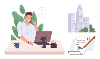 Customer support agent using headset at desk, skyscrapers in the background, and a document being signed. Ideal for communication, remote work, business, support, contracts management training. A