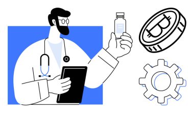 Doctor with stethoscope holds medicine bottle and tablet, alongside Bitcoin coin and gear illustration. Ideal for healthcare, innovation, technology, cryptocurrency, finance, medical research