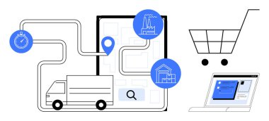 Delivery truck on a GPS-tracked map, shopping cart icon, and factorywarehouse symbols linked digitally. Ideal for logistics, e-commerce, supply chain, inventory, shipping, digital retail simple flat