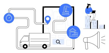 Delivery truck navigating map with location pins, stopwatch, factories, and megaphone. Ideal for logistics, supply chain, business, shipping planning technology transportation. Simple flat