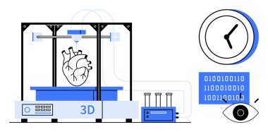 3D printer fabricating human heart, clock symbolizing time, binary code, and eye for observation. Ideal for medical technology, innovation, healthcare, science, engineering research simple flat