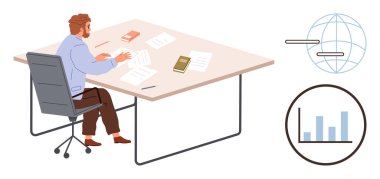Man reviewing documents at desk with graphs and globe concept icons. Ideal for business, data analysis, strategy, decision-making, market trends, finance, productivity. Simple flat metaphor