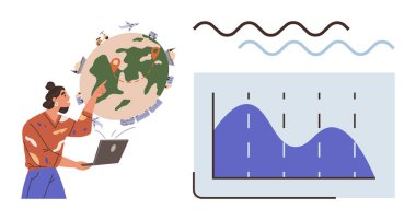 Woman pointing at globe with pins and icons, holding laptop next to line graph. Ideal for analytics, global strategy, travel, data insights, research, education, simple flat metaphor