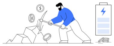 Worker with pickaxe mining digital currencies from rocks, surrounded by coins and an energy battery. Ideal for cryptocurrency, energy, mining, technology, finance, innovation sustainability. Simple