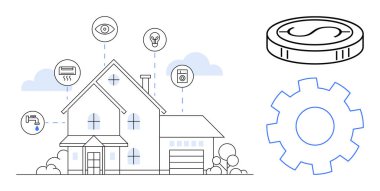 Connected smart home with automation icons including eye, lightbulb, thermostat, and settings gear. Ideal for home automation, IoT, innovation, digital connectivity, energy efficiency convenience