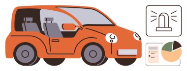Orange car with detailed interior view, safety monitoring system, emergency alert, and analytical chart. Ideal for automotive technology, safety, data tracking, innovation, smart vehicles
