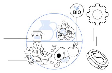 Assorted organic items including fruits, vegetables, jar, and eco symbols representing health, nature, and sustainability. Ideal for wellness, diet, food industry eco-awareness farming green